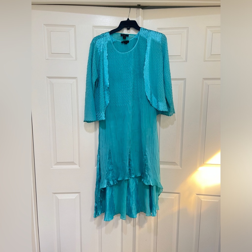 Textured teal blue Ruffled 2 Piece dress Set formal wedding guest chic medium